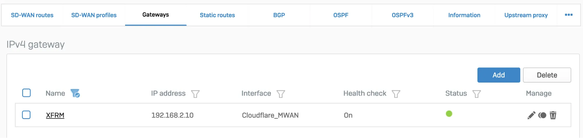 转到 Gateways 以添加基于 XFRM 接口的路由