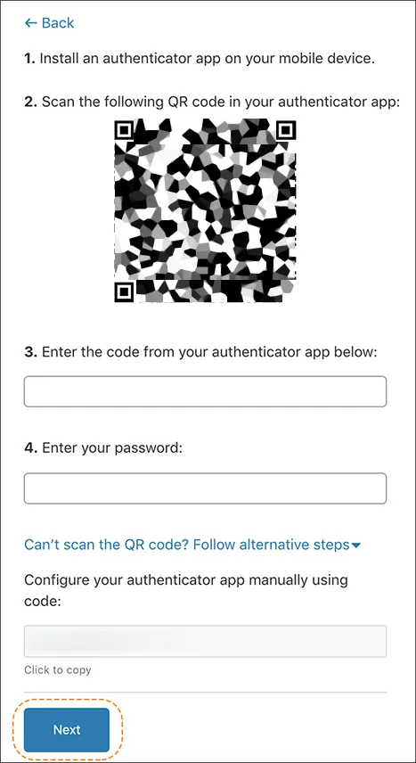 您可以使用移动设备扫描 QR 码来启用 2FA。