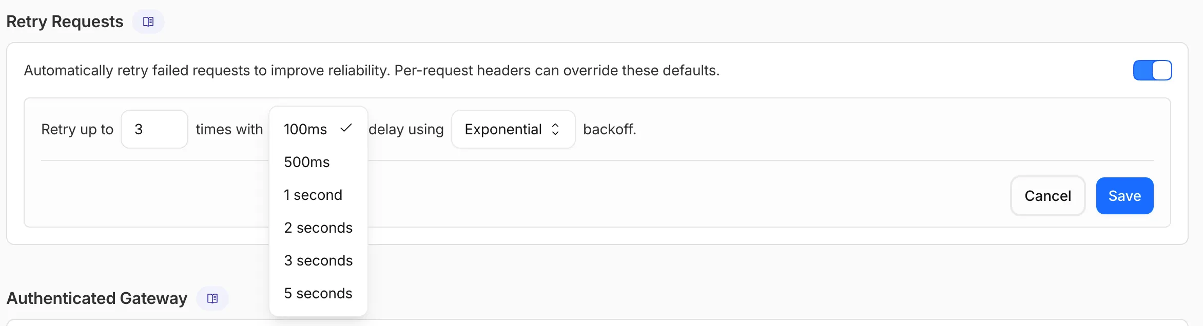 AI Gateway 仪表板中的 Retry Requests 设置