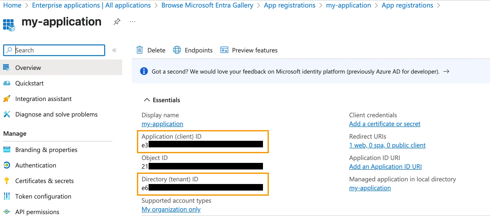 在 Azure 中查看应用程序 ID 和目录 ID