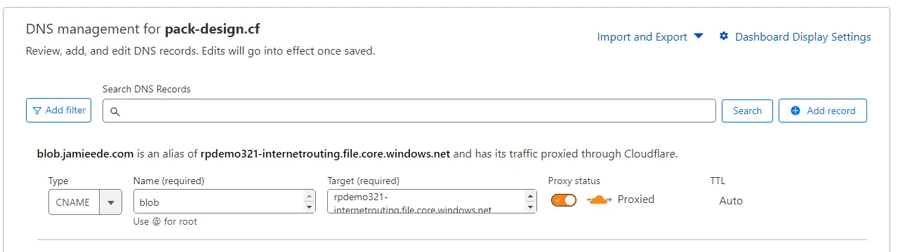 将 Microsoft Azure 的端点 URL 输入到 Cloudflare 仪表板中的示例。