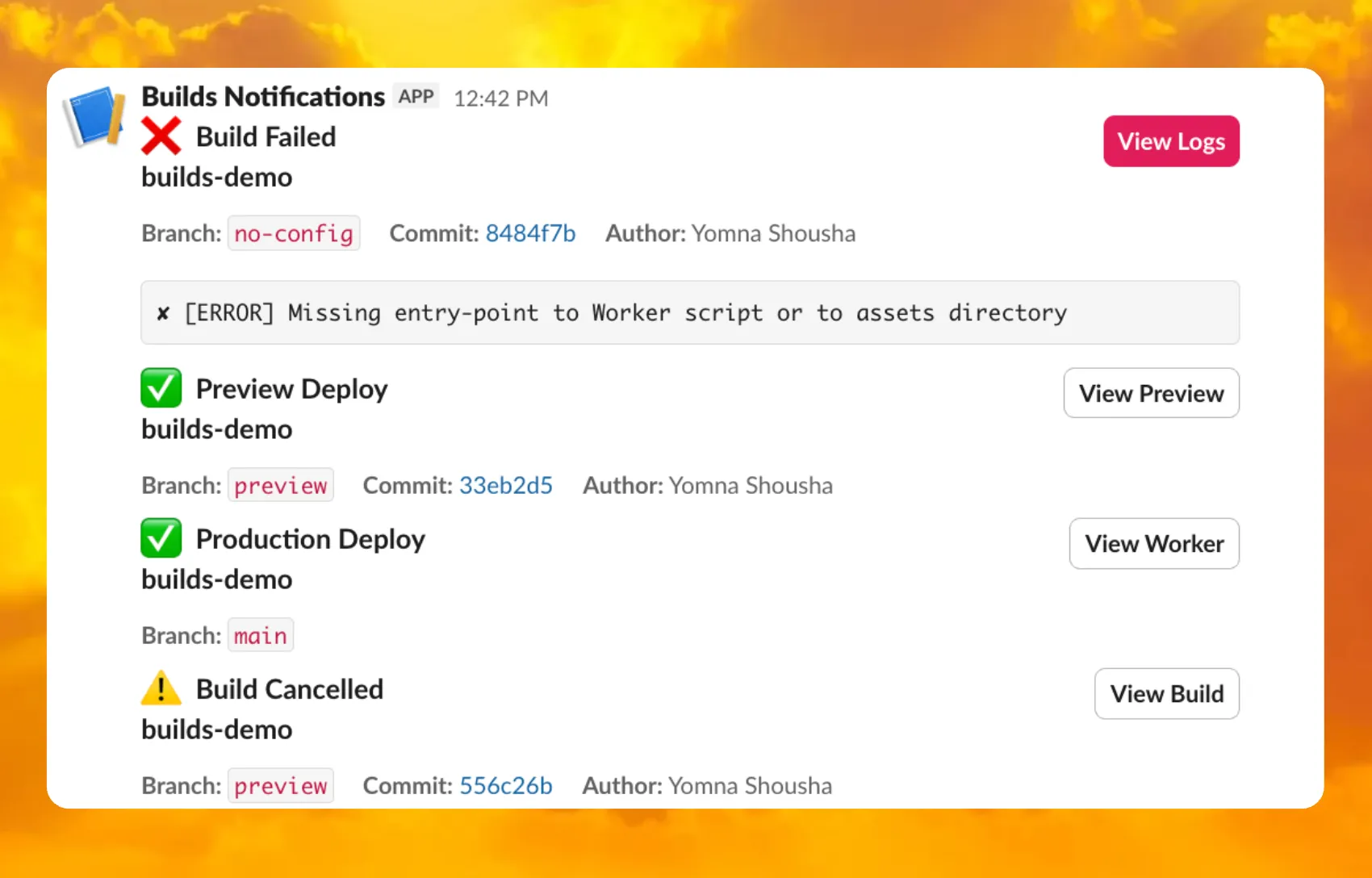 Workers Builds 事件的 Slack 通知示例