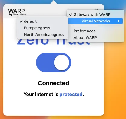 用户可以在 Cloudflare One Client 内选择虚拟网络以更改其出向 IP