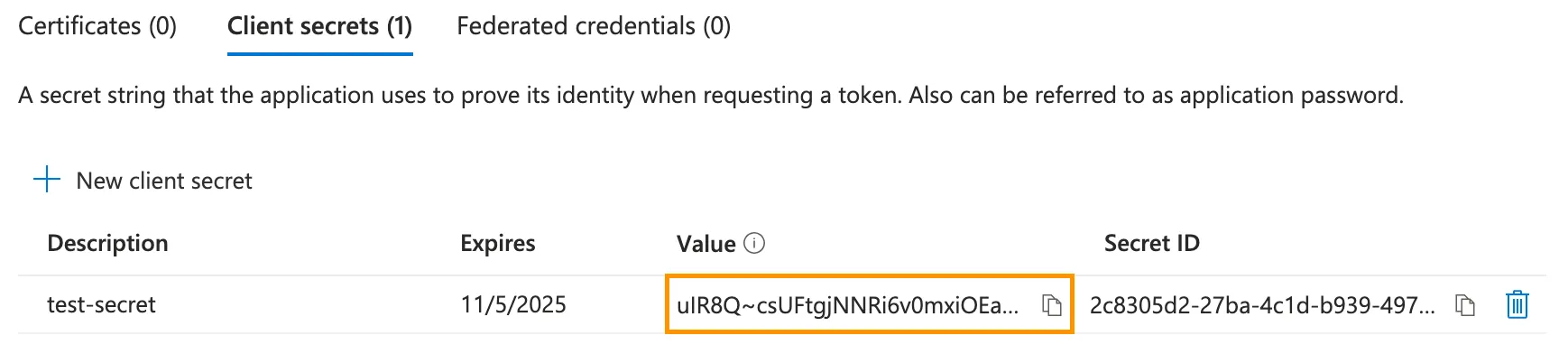 Azure 中客户端密钥的位置