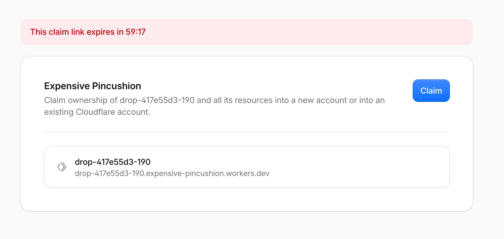 Cloudflare 拖放认领账户界面，显示认领链接过期前的倒计时