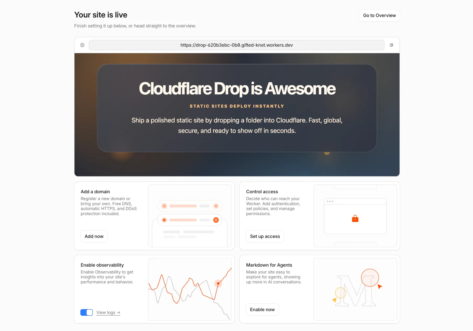 已认领的 Cloudflare 拖放网站设置界面，显示添加域名、控制访问、启用可观测性以及为智能体启用 Markdown 的选项