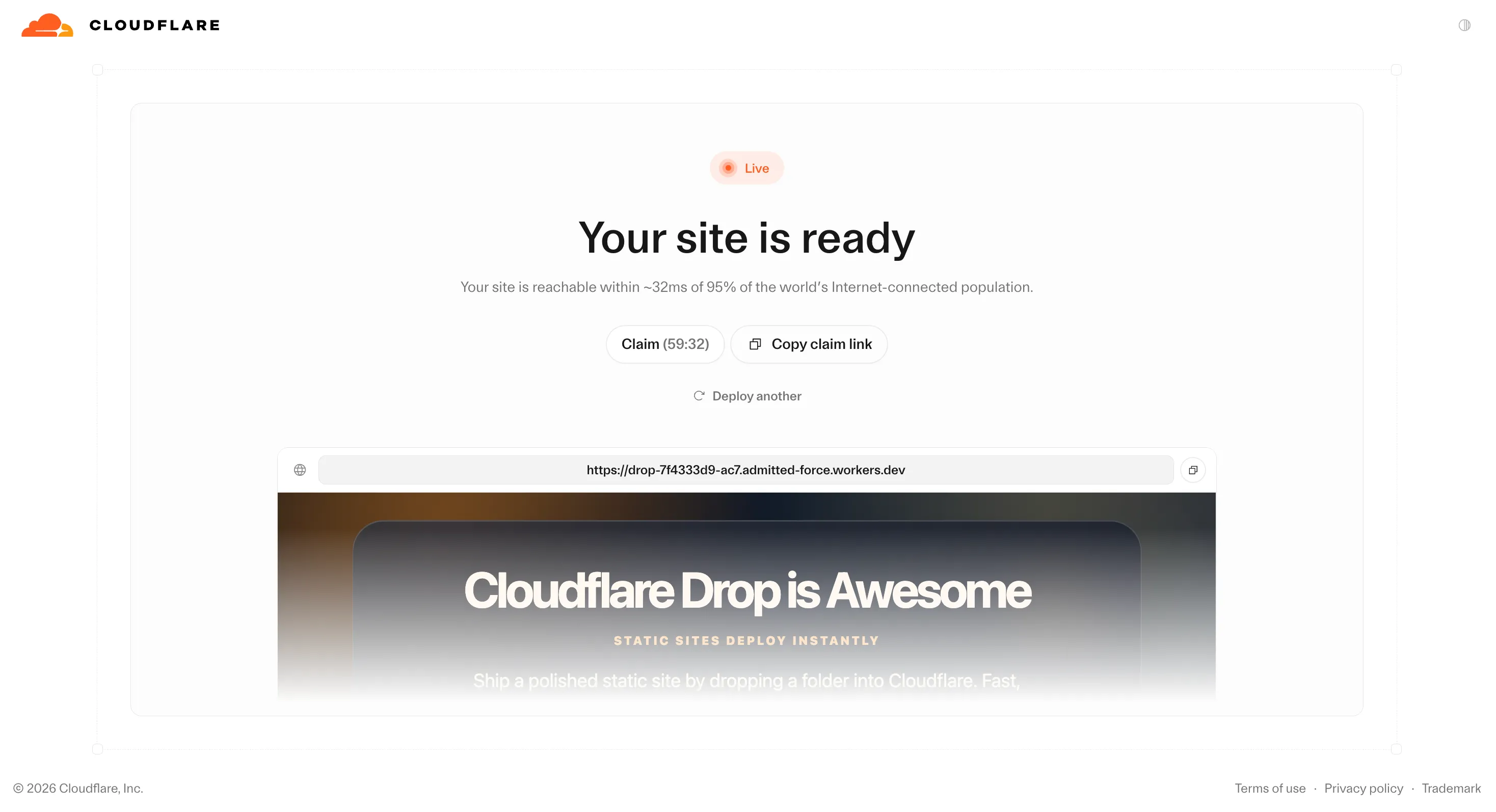 Cloudflare 拖放临时实时预览界面，带有认领和复制认领链接操作