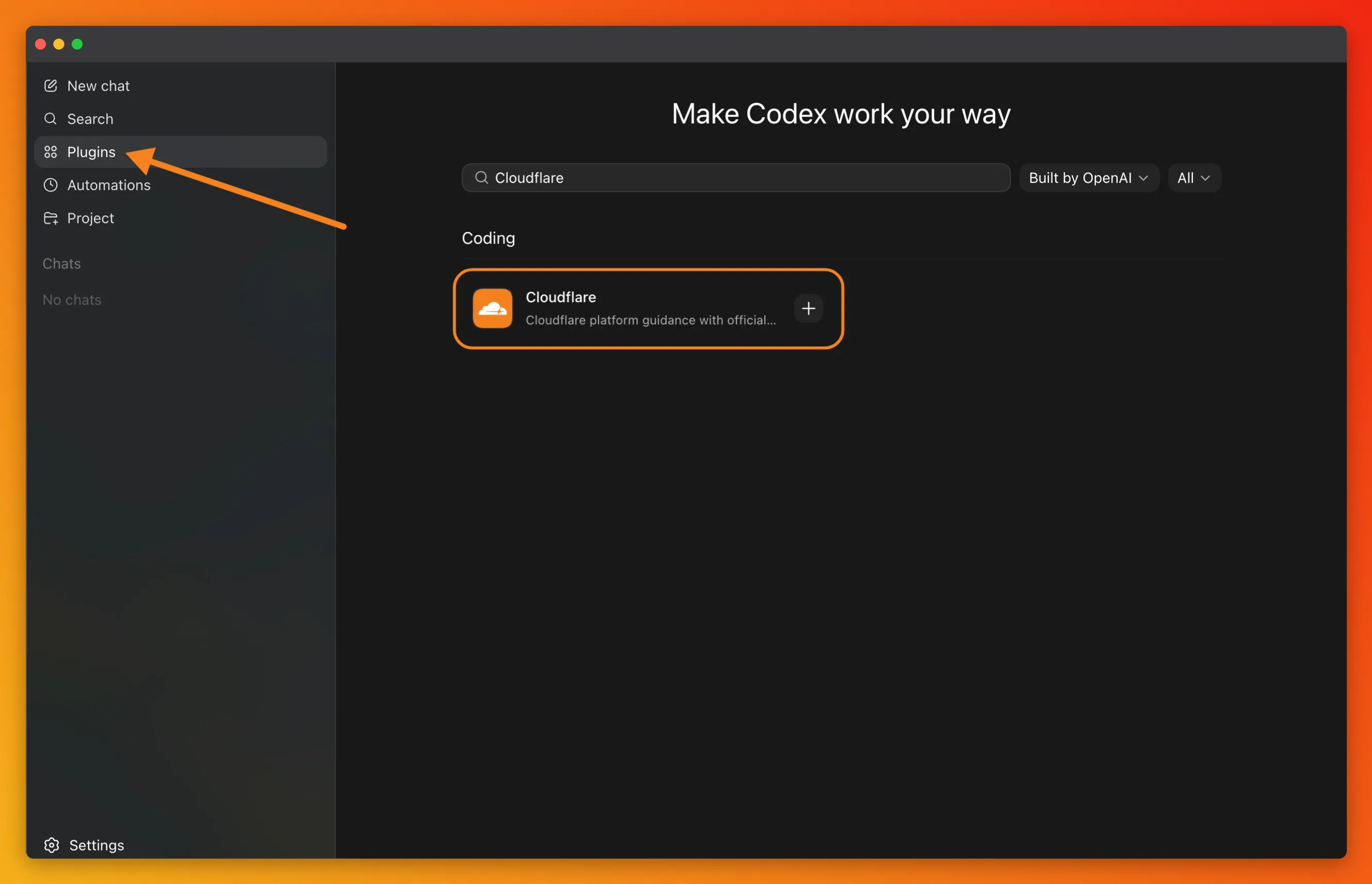 在 Codex 独立应用中安装 Cloudflare 插件。