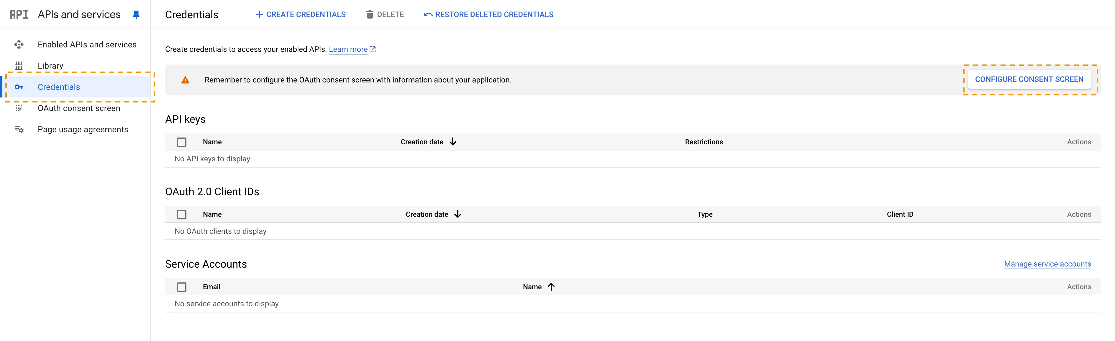 在 Google Cloud Platform 控制台中配置 Consent Screen 的位置。