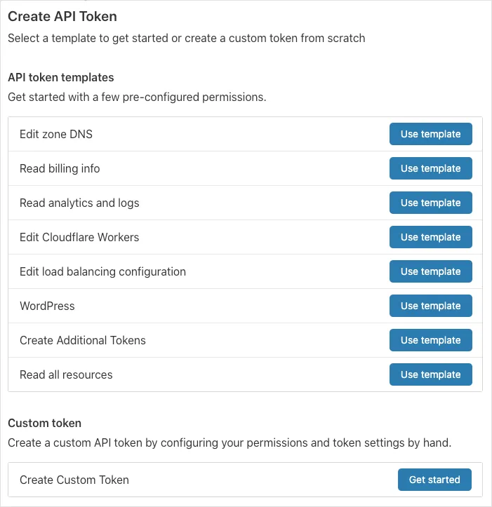 在 Create API Token 页面中点击 Get started