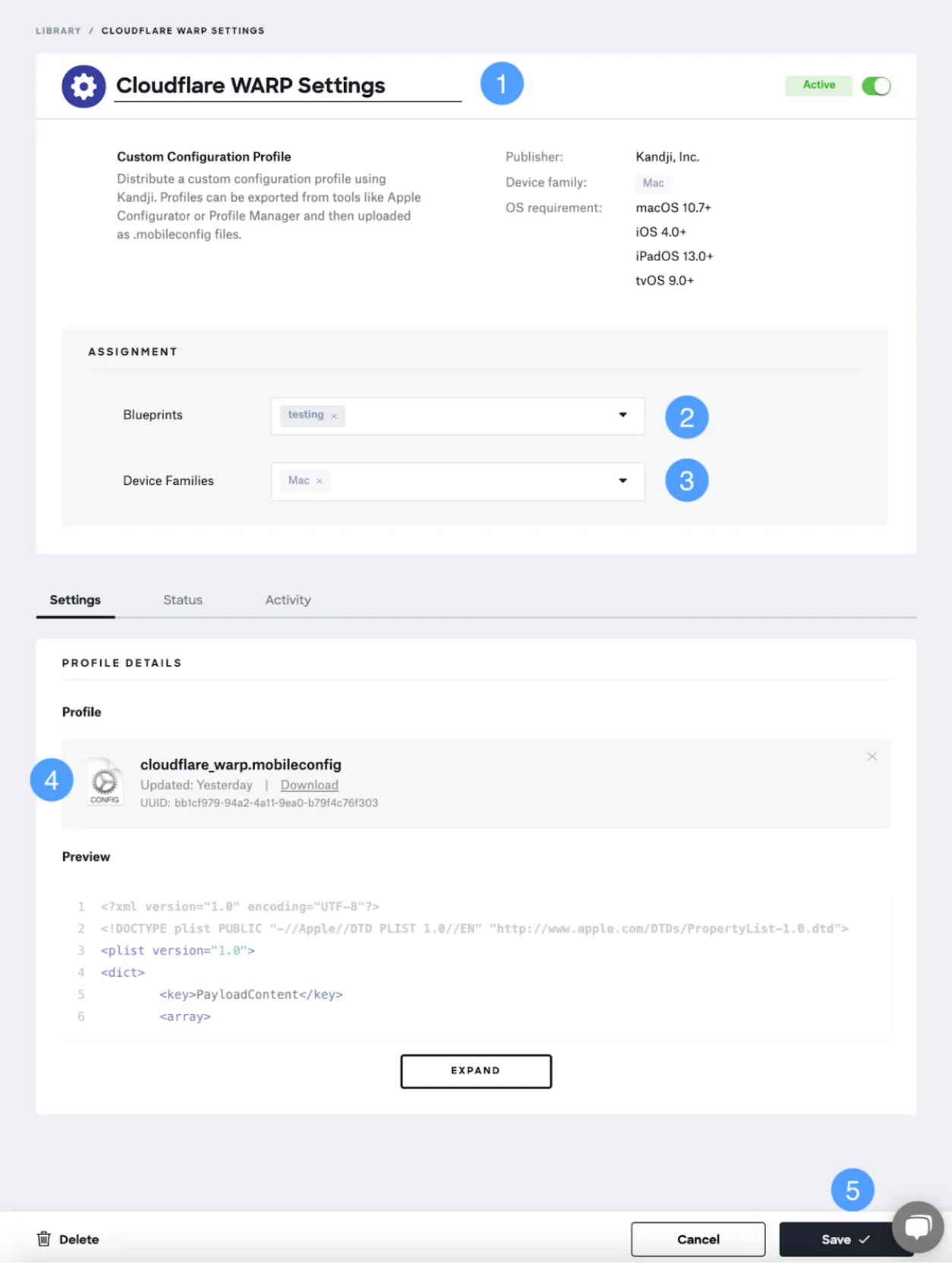 在 Kandji 中为 Cloudflare One Client 配置自定义配置文件