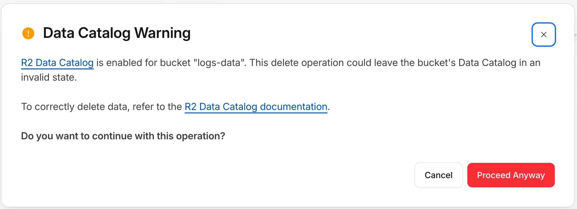 在启用 Data Catalog 的存储桶中删除对象之前显示的 R2 仪表板警告