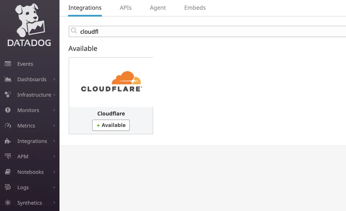 在 Datadog Integrations 选项卡中搜索 Cloudflare App