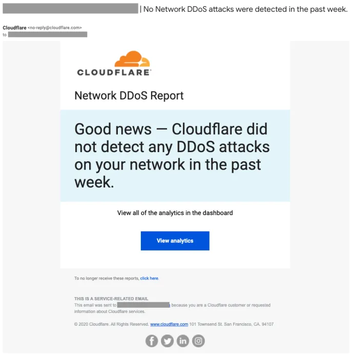 Cloudflare 在前一周未检测到任何 DDoS 攻击时发送的报告电子邮件示例
