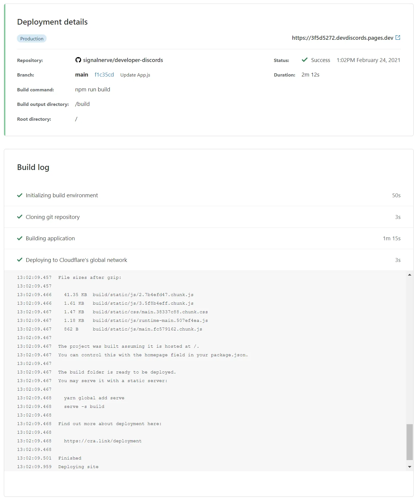 Cloudflare 仪表板中的部署详情