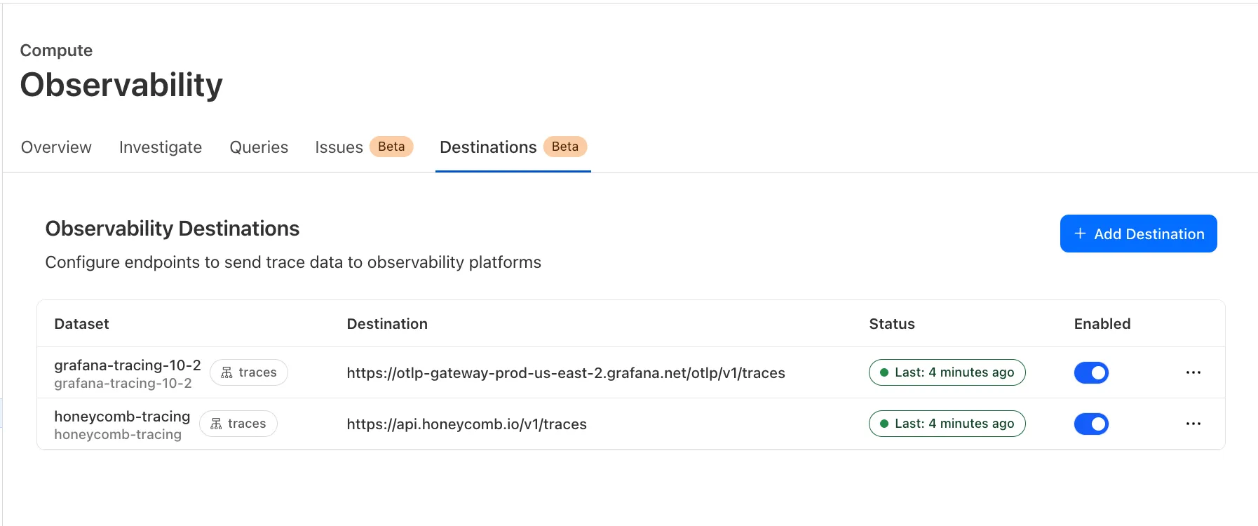 可观测性目标仪表板，显示 Grafana 和 Honeycomb 的已配置目标及其端点和状态