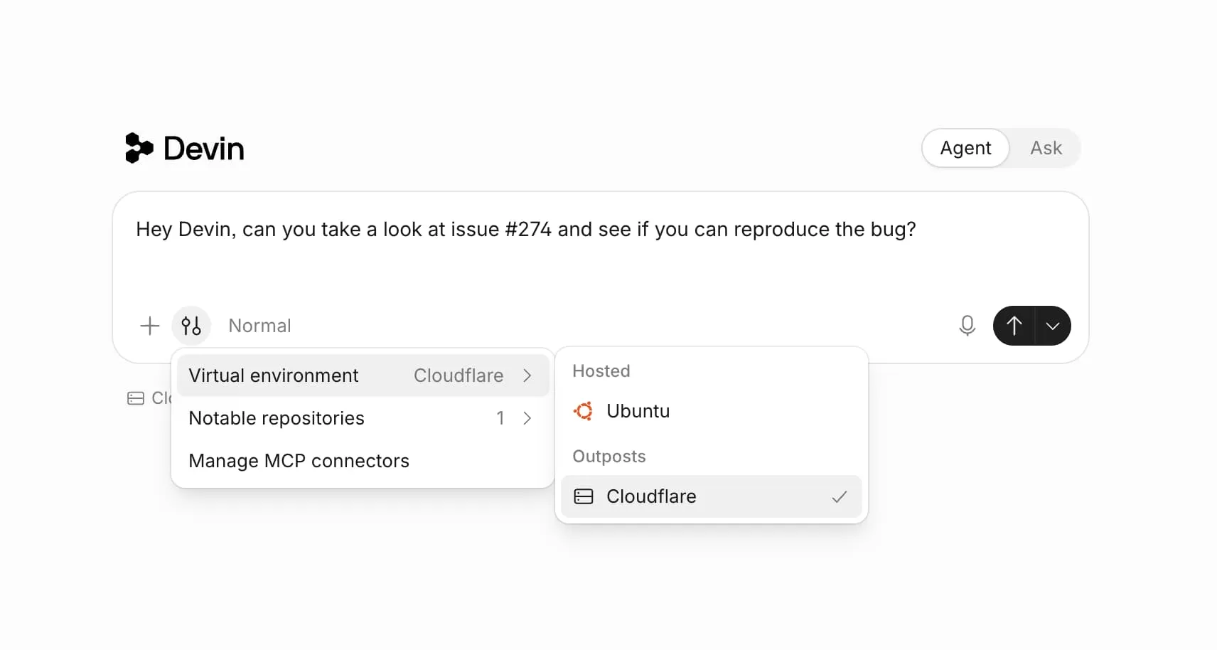 Devin 界面显示已选择 Cloudflare 作为 Outposts 虚拟环境