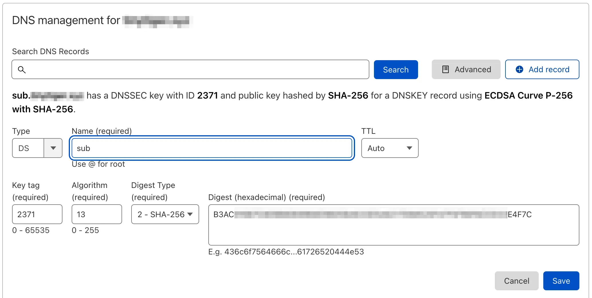 显示如何在 Cloudflare 中添加 DS 记录的屏幕截图