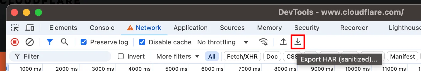 Chrome DevTools 中的 export HAR 选项