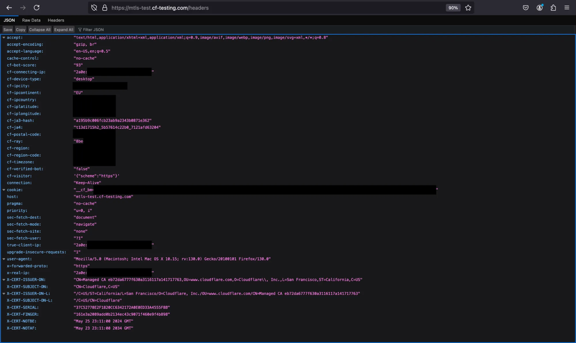 通过 Cloudflare Workers 暴露 mTLS 请求头后的响应示例