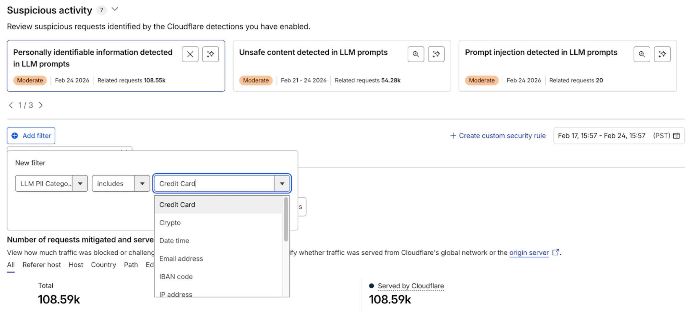 如何在 Cloudflare 仪表板中基于 AI 特定威胁（“Credit Card”）筛选日志