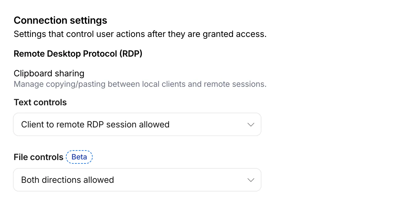 Access 策略配置中的文件传输连接设置。