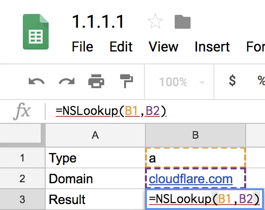 包含 NSLookup 公式的 Google Sheets 单元格