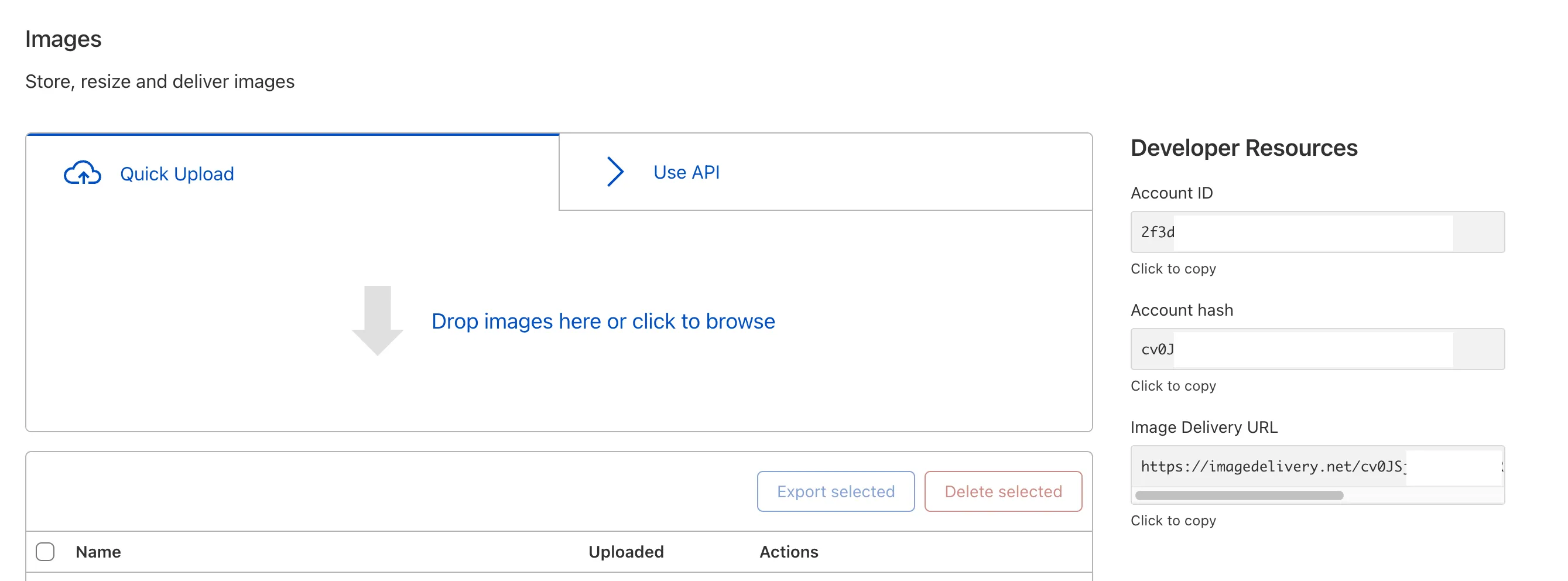 Cloudflare 仪表板中 Images 产品内的 Developer Resources 部分。