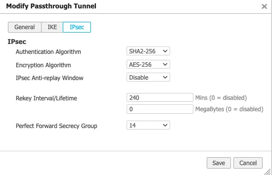 修改 Passthrough Tunnel 并配置 IPsec 值