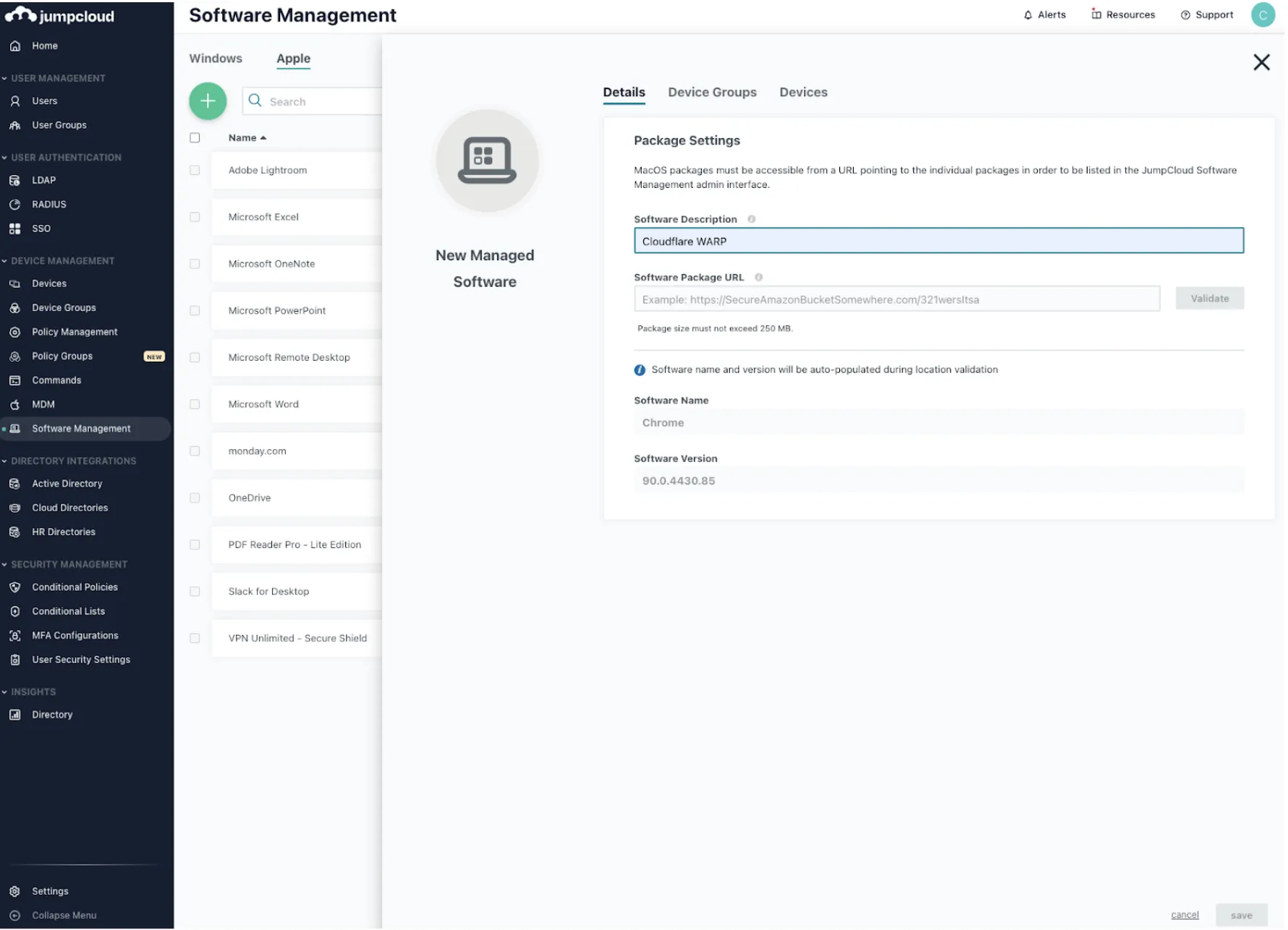 在 JumpCloud Apple 选项卡中配置 Cloudflare One Client