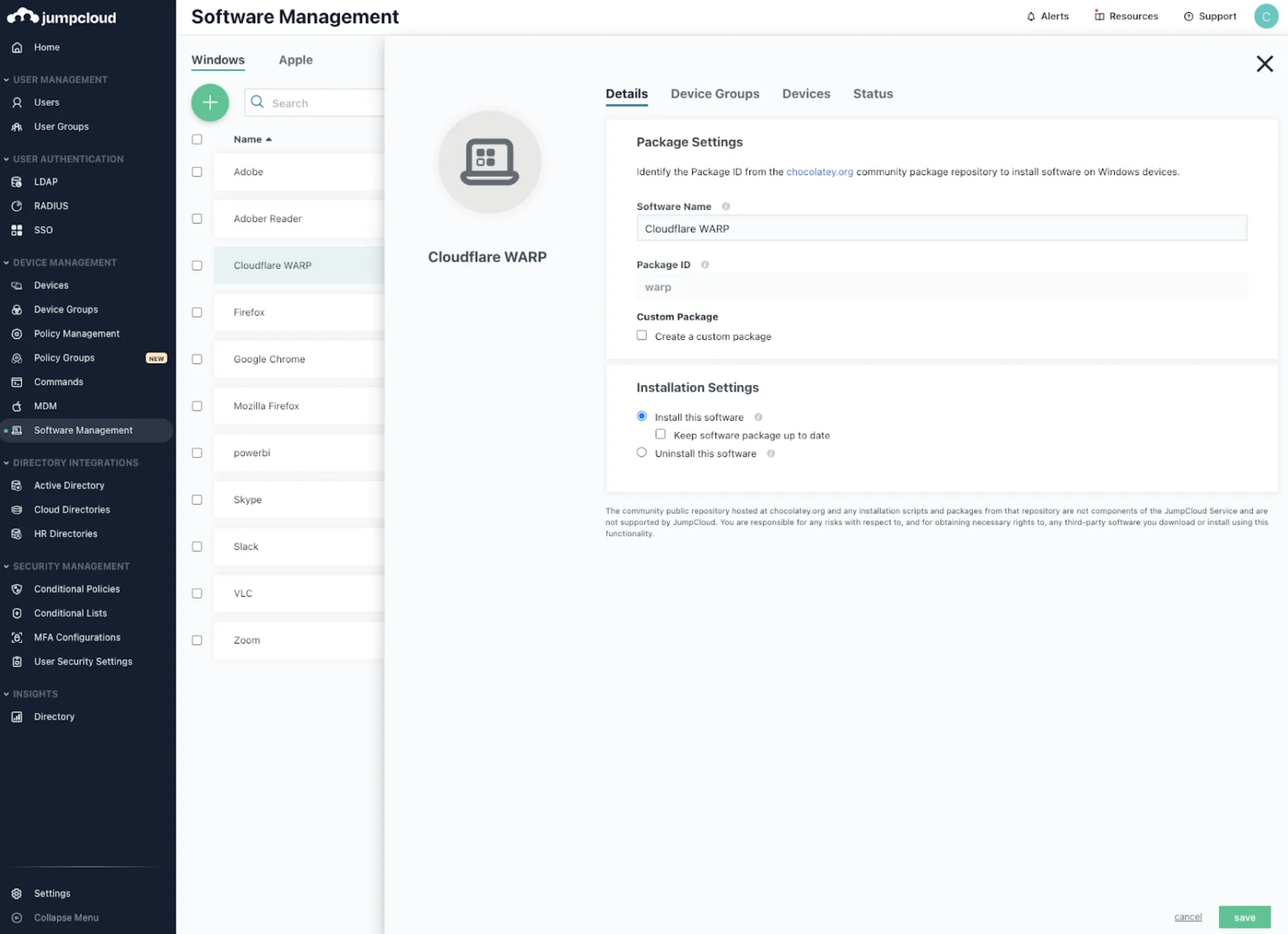 在 JumpCloud Windows 选项卡中配置 Cloudflare One Client