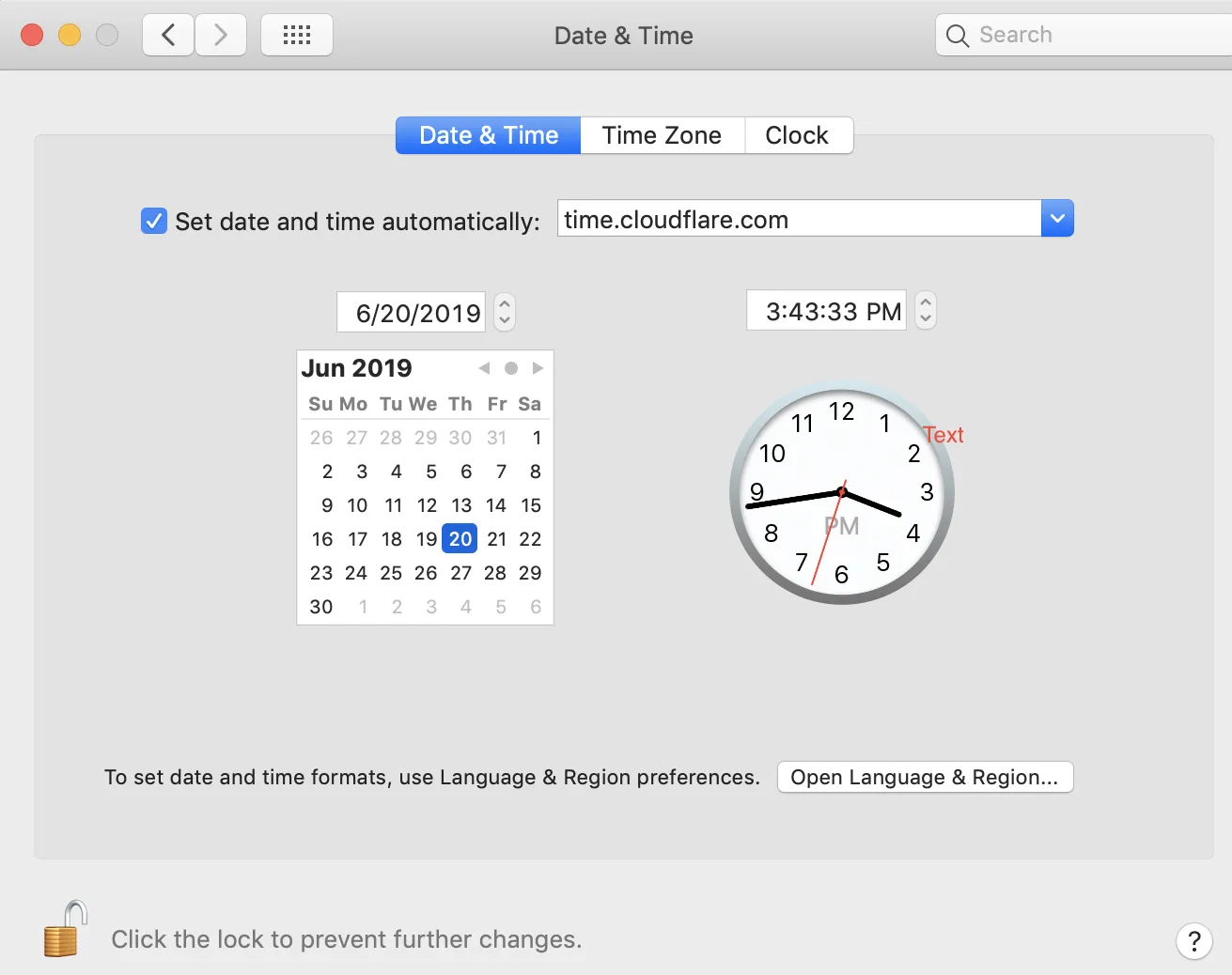 运行 macOS 的机器上更新“日期与时间”设置的截图