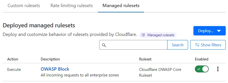 Managed rulesets（托管规则集）选项卡中的 WAF Managed Rules 配置示例。
