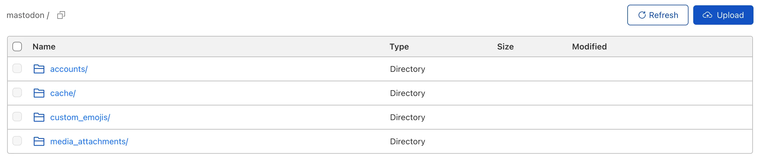 实例设置并运行后的 Mastodon 存储桶结构