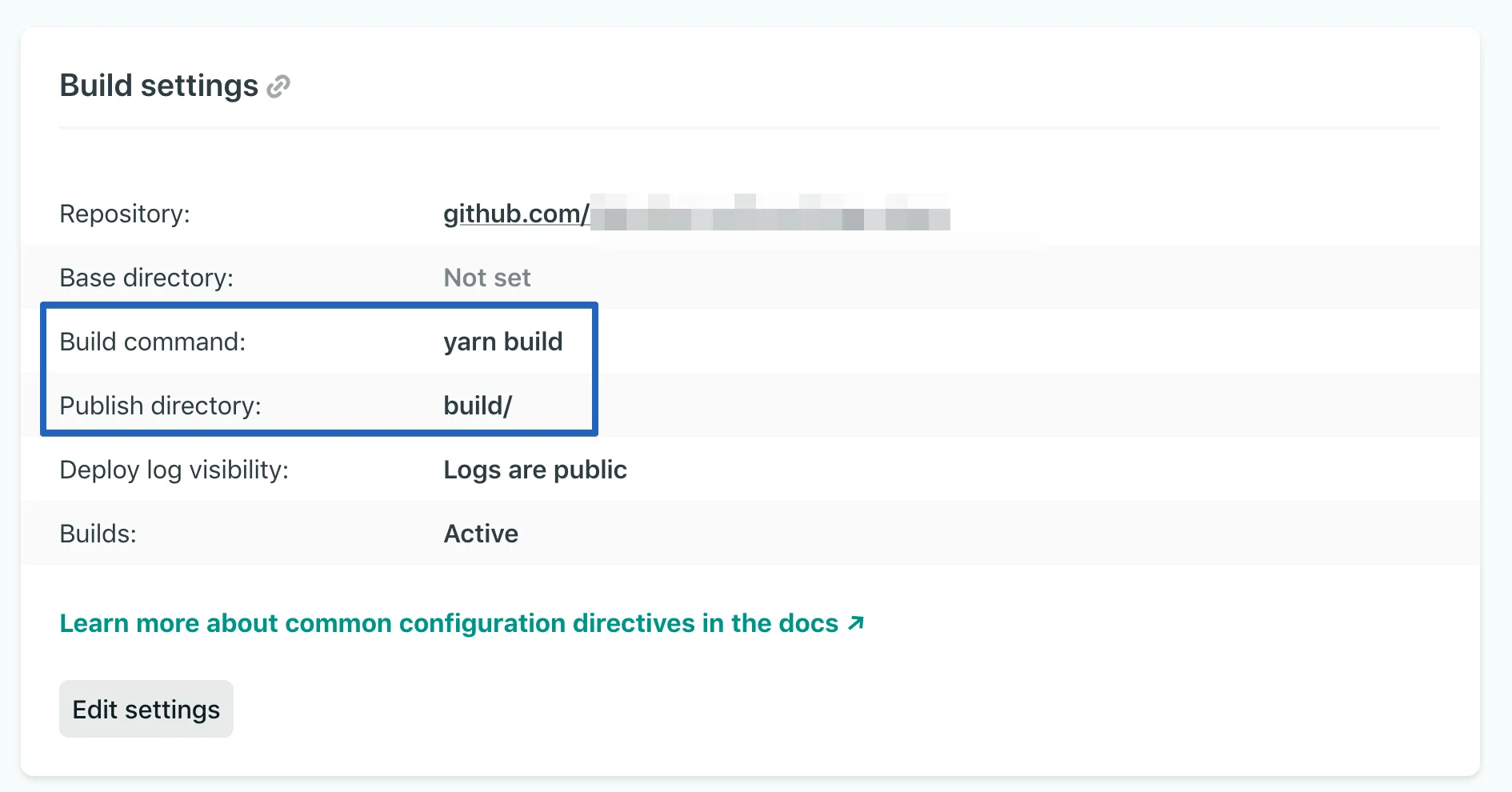 查找 Build command 和 Publish directory 字段