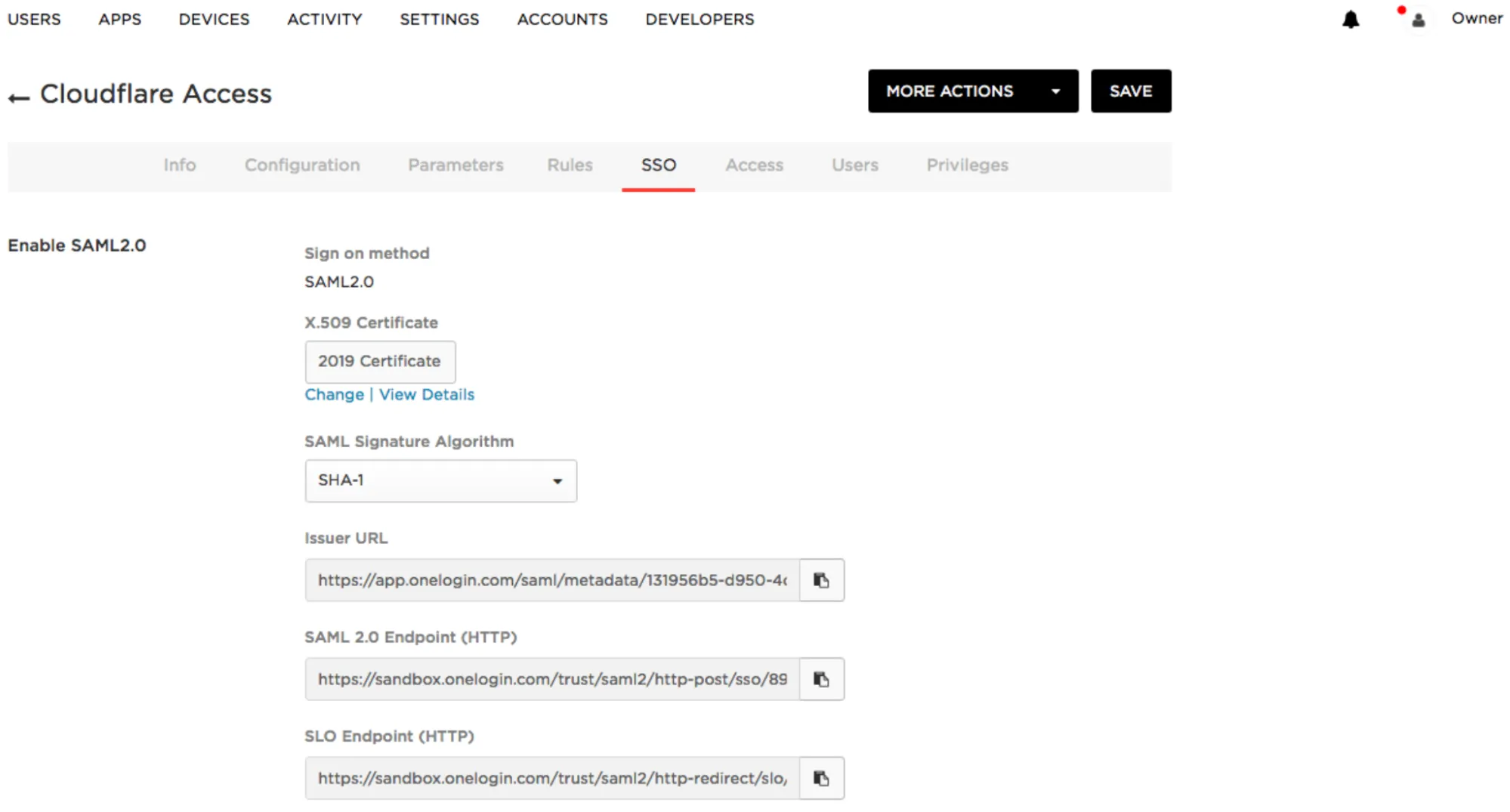 OneLogin SAML 应用 SSO 界面,显示 SAML2.0 登录方法、Issuer URL 和 X.509 Certificate