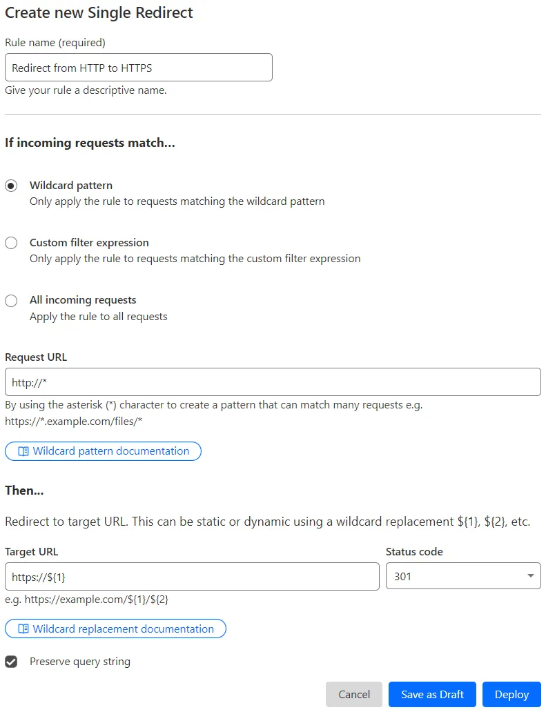 与示例 Page Rule 的 'Always Use HTTPS' 设置相匹配的单条重定向