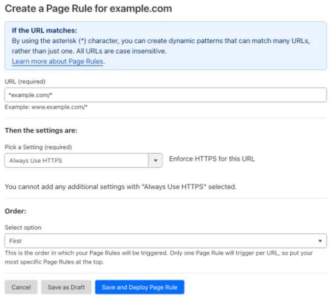带有 'Always Use HTTPS' 设置的示例 Page Rule