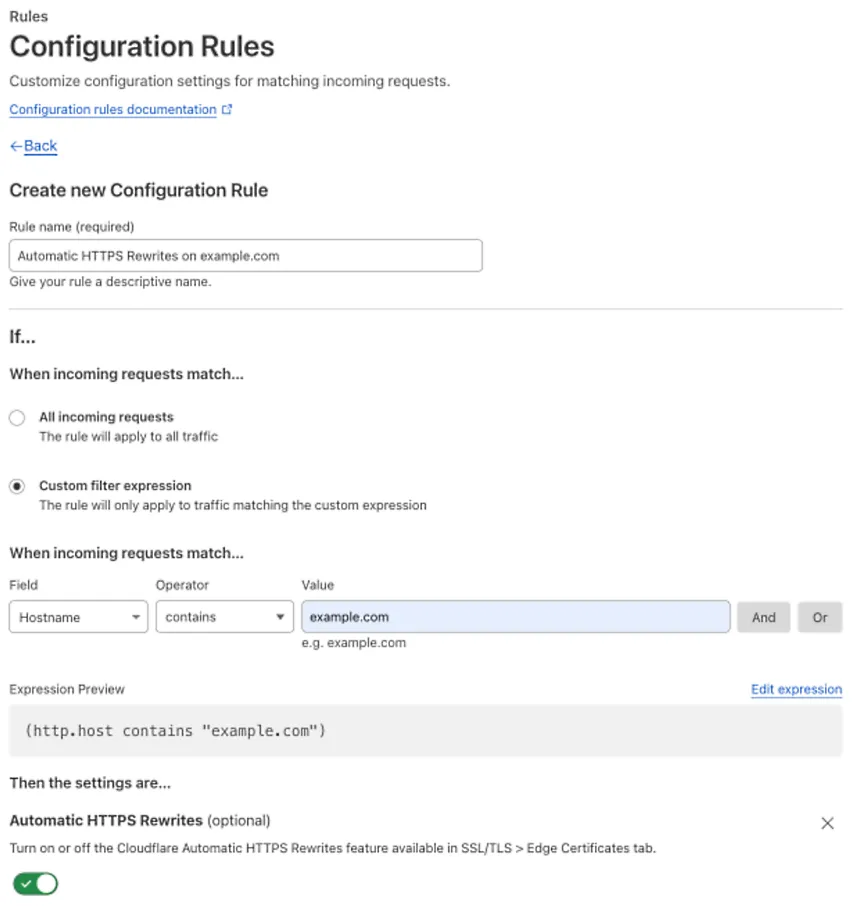 与示例 Page Rule 的 'Automatic HTTPS Rewrites' 设置相匹配的配置规则