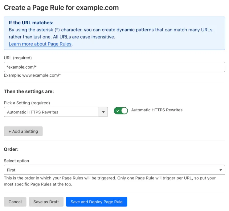 带有 'Automatic HTTPS Rewrites' 设置的示例 Page Rule