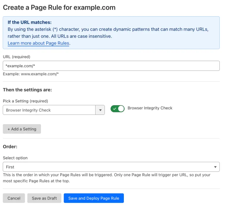 带有 'Browser Integrity Check' 设置的示例 Page Rule