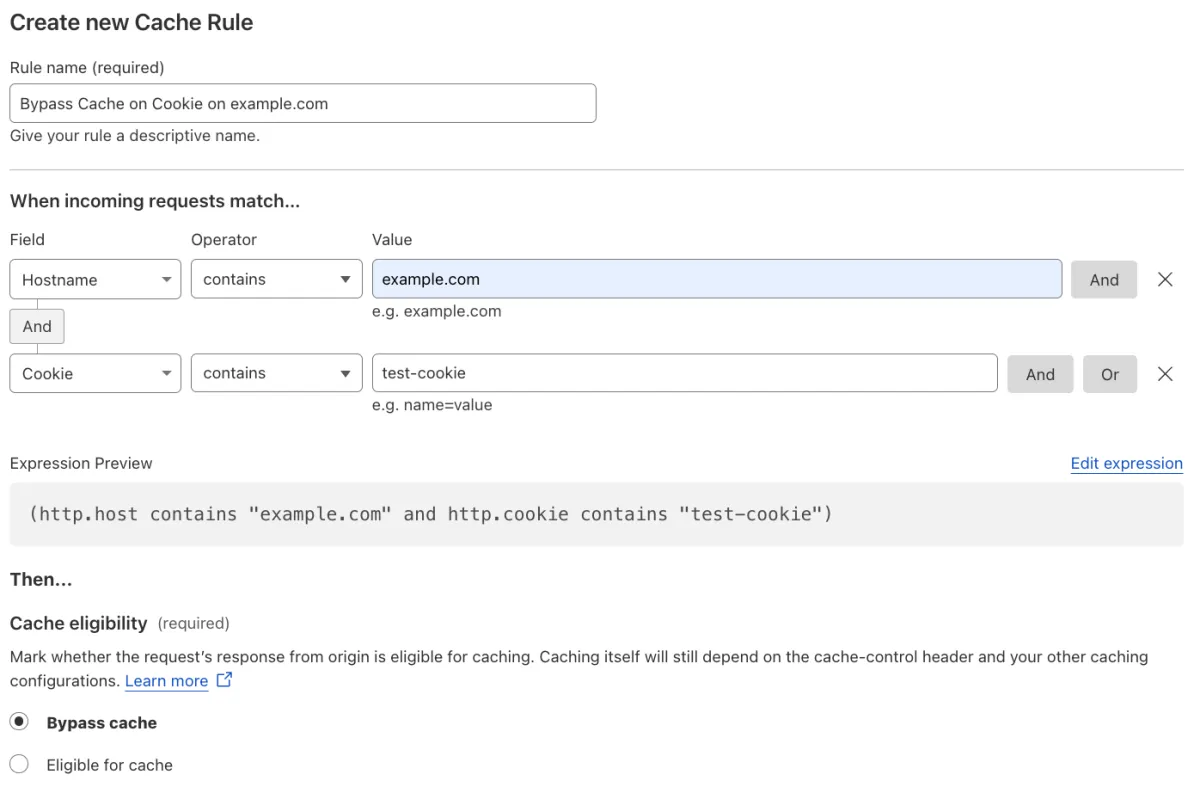 与示例 Page Rule 的 'Bypass Cache on Cookie' 设置相匹配的缓存规则
