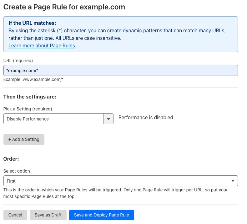 带有 'Disable Performance' 设置的示例 Page Rule