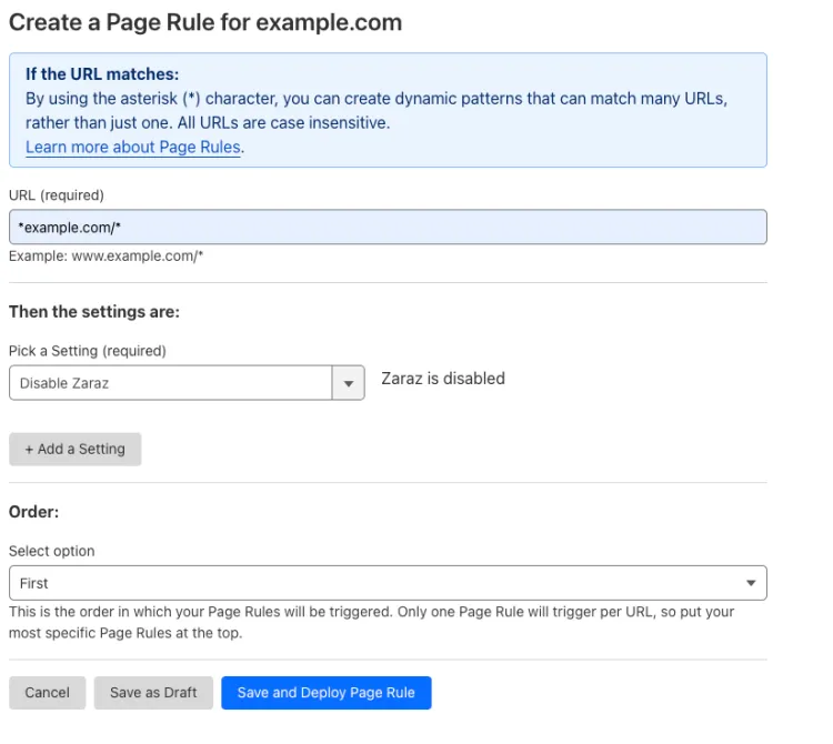 带有 'Disable Zaraz' 设置的示例 Page Rule