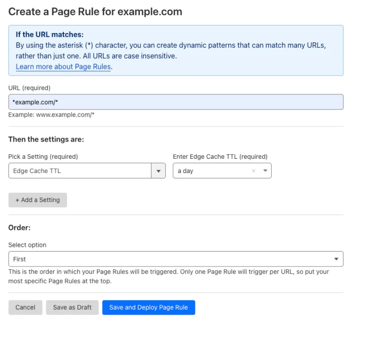 带有 'Edge Cache TTL' 设置的示例 Page Rule
