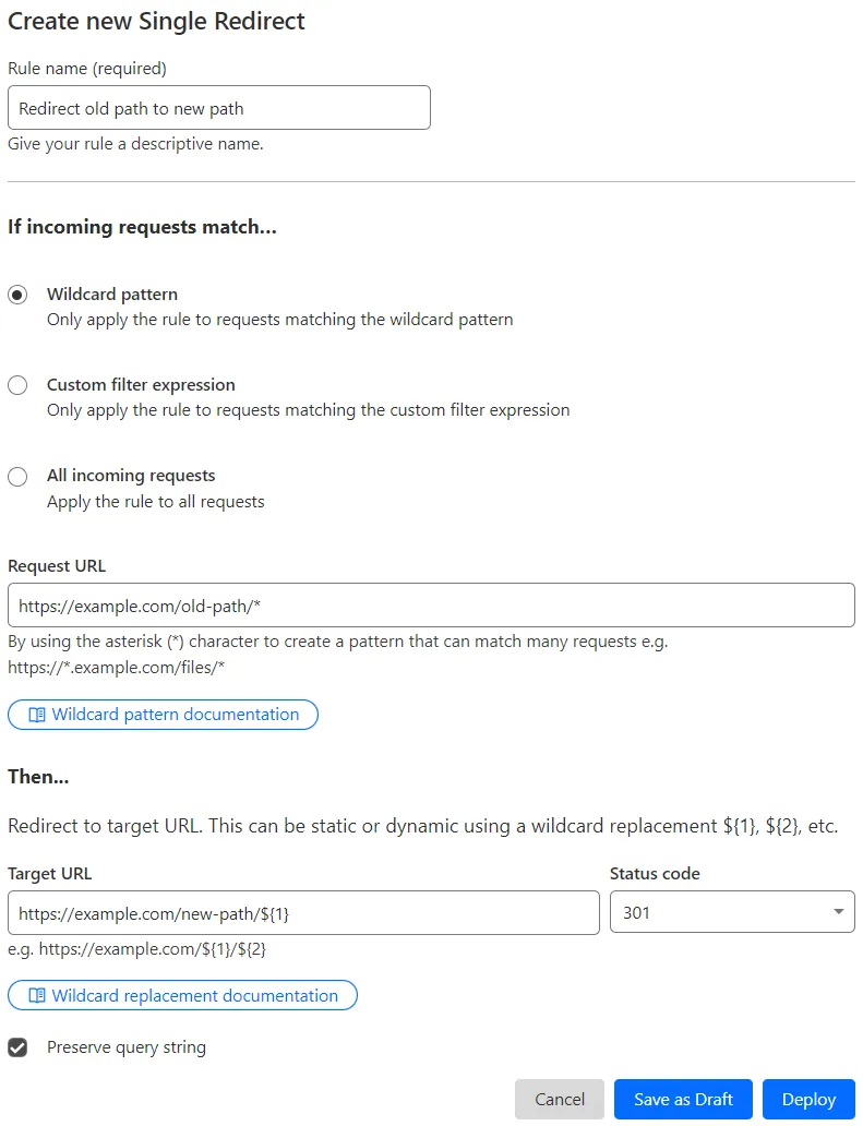 与示例 Page Rule #2 的 'Forwarding URL' 设置相匹配的单条重定向