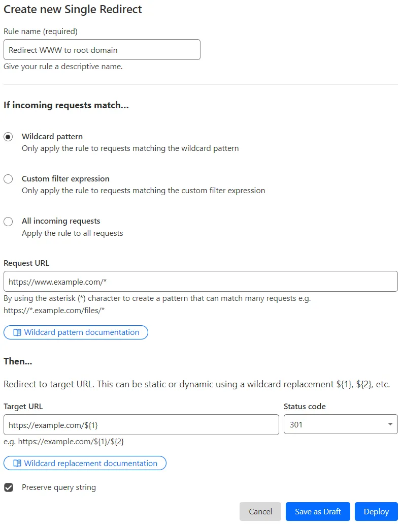 与示例 Page Rule #1 的 'Forwarding URL' 设置相匹配的单条重定向