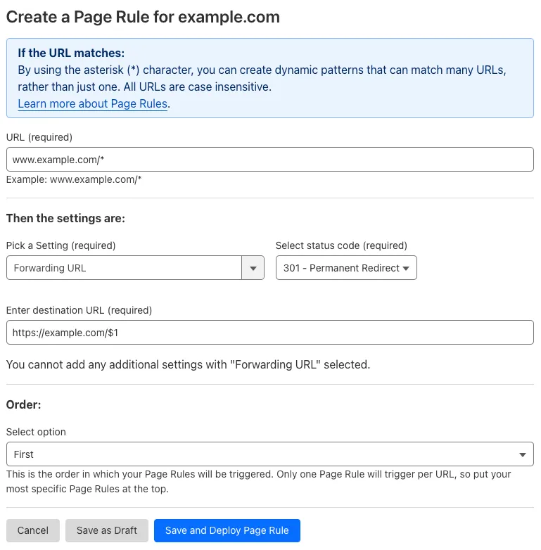 带有 'Forwarding URL' 设置的示例 Page Rule #1