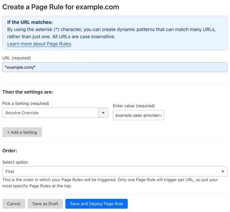 带有 'Resolve Override' 设置的示例 Page Rule
