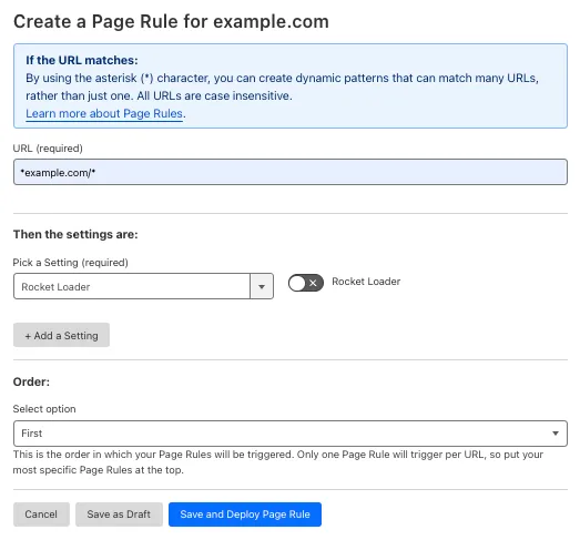 带有 'Rocket Loader' 设置的示例 Page Rule